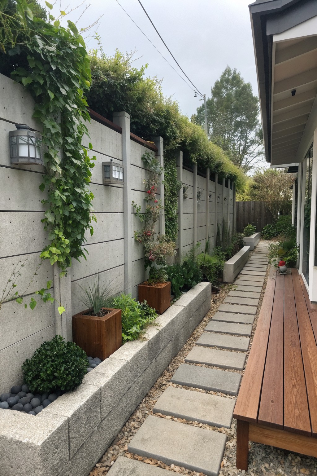 A narrow side yard path of concrete stepping stones runs beside a tall concrete wall covered in green climbing vines, with wooden planters and a deck on the right.