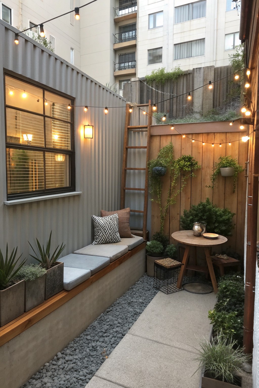 Cozy courtyard with string lights, built-in bench, round table, potted plants, and wooden fence.