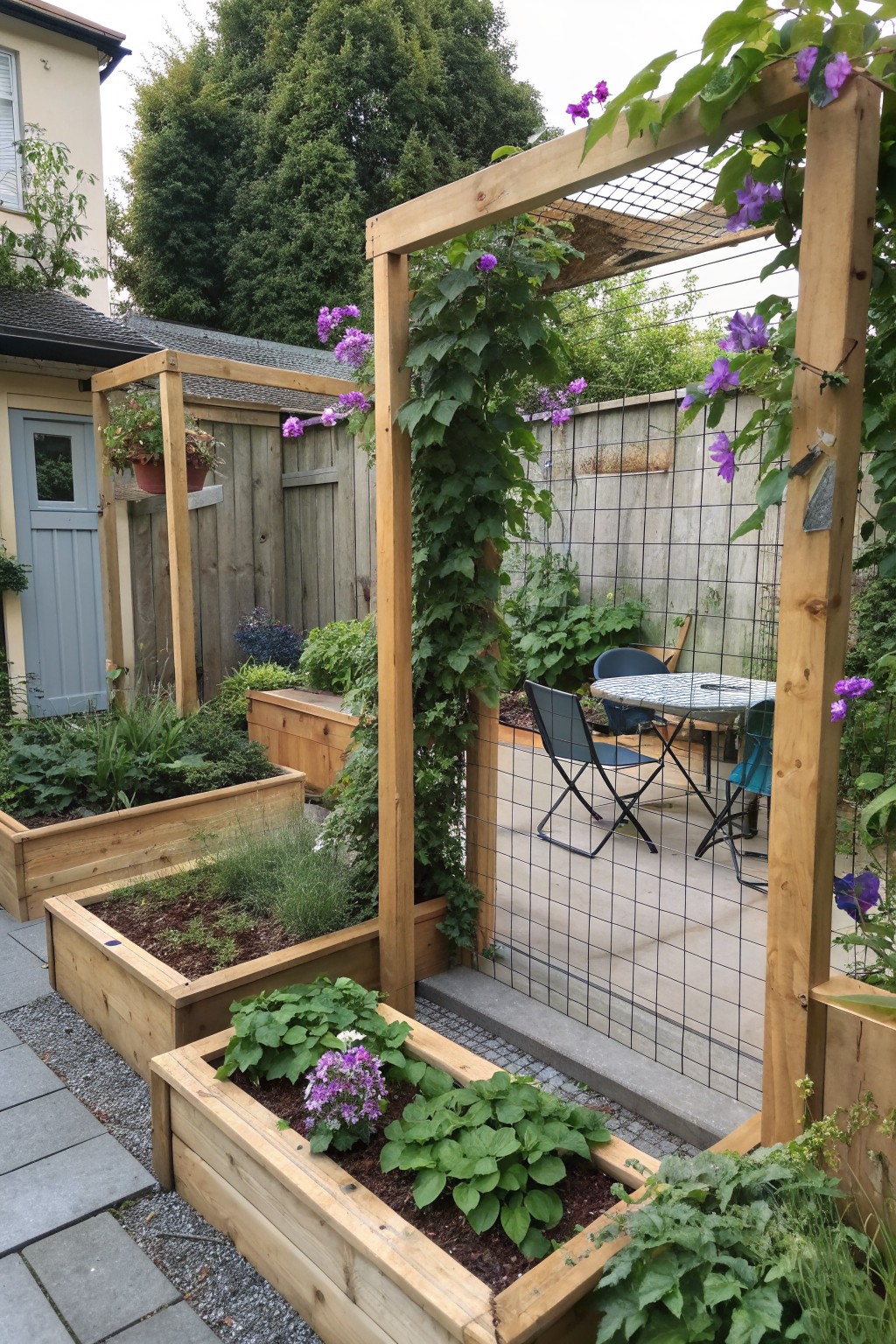Wooden raised garden beds with purple flowers beside vine-covered pergola and patio seating.