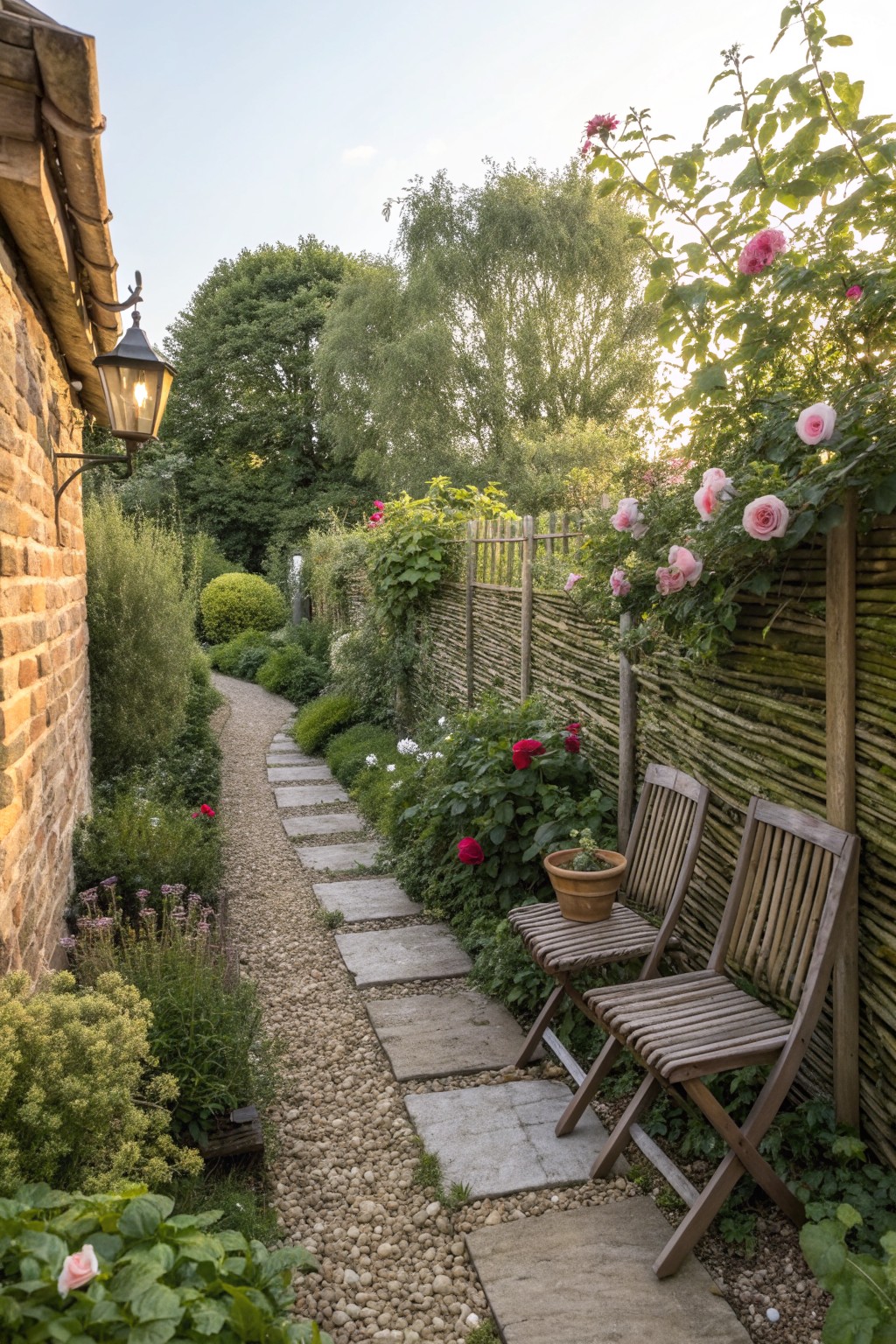 Narrow garden path with stone slabs, pink roses on fence, and wooden chairs