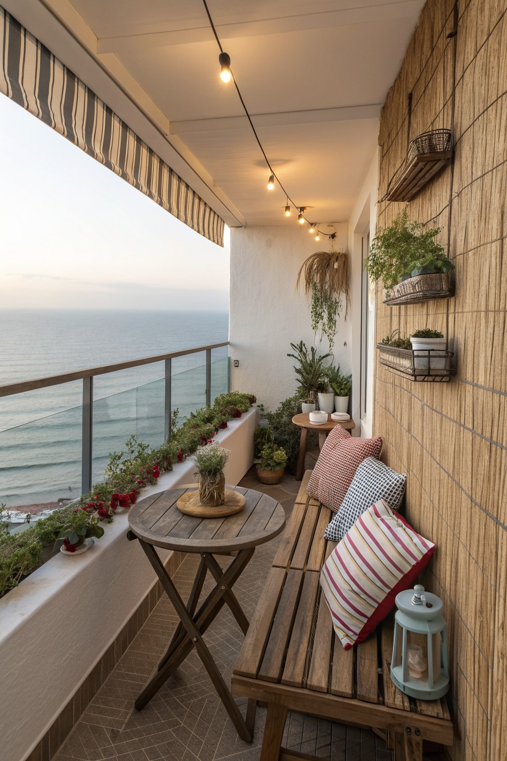 Balcony with wooden bench, striped pillows, round table, string lights, and a side wall of woven reed panels holding potted plants, overlooking the ocean.