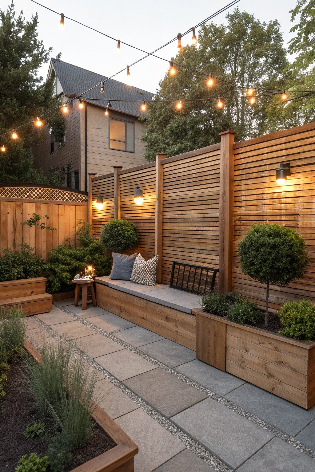 Backyard patio with a long horizontal wood privacy fence and integrated bench seating with cushions, flanked by wooden planters and string lights.