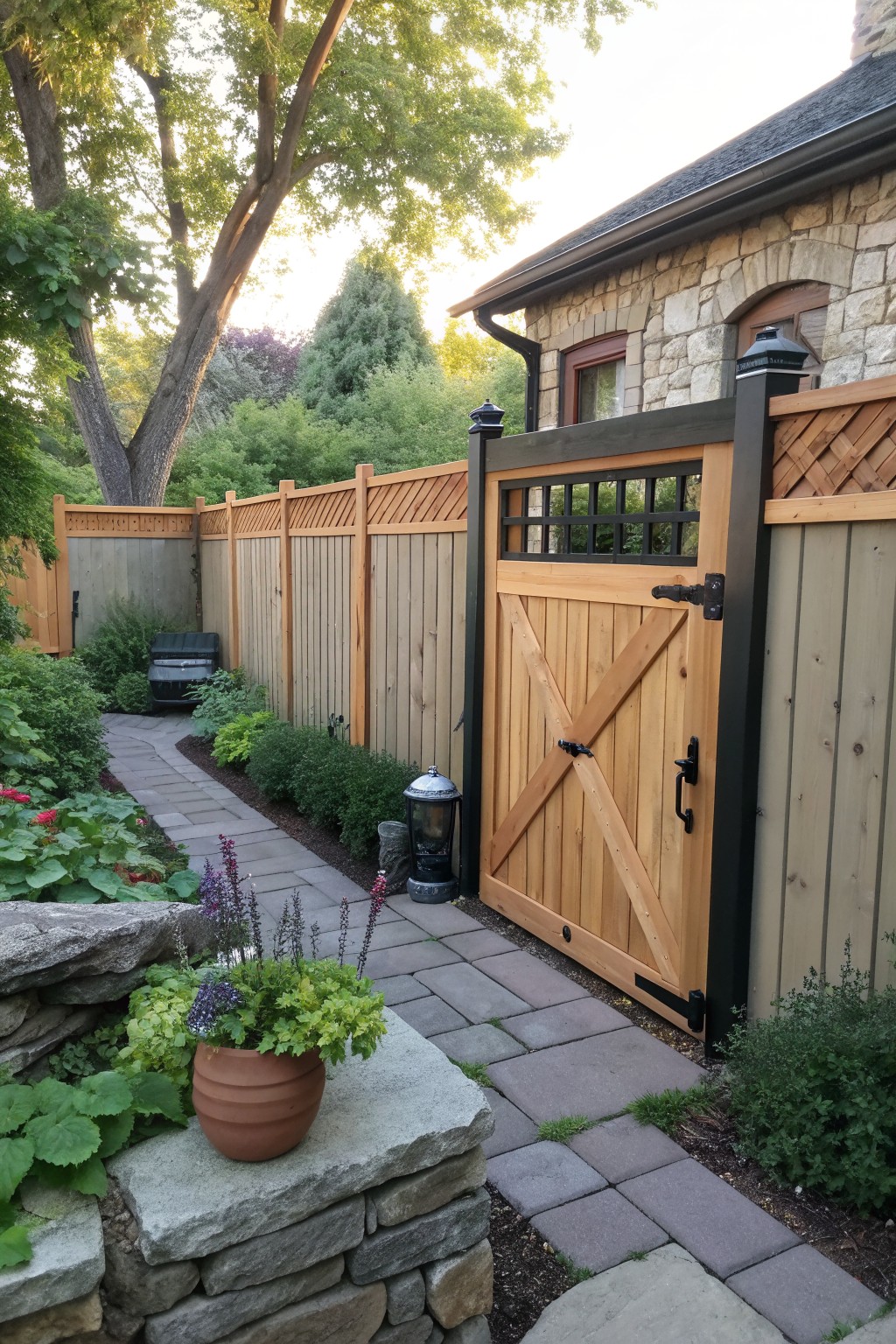 A rustic wooden privacy fence and gate with lattice accents beside a stone house, next to a stone path and garden beds.