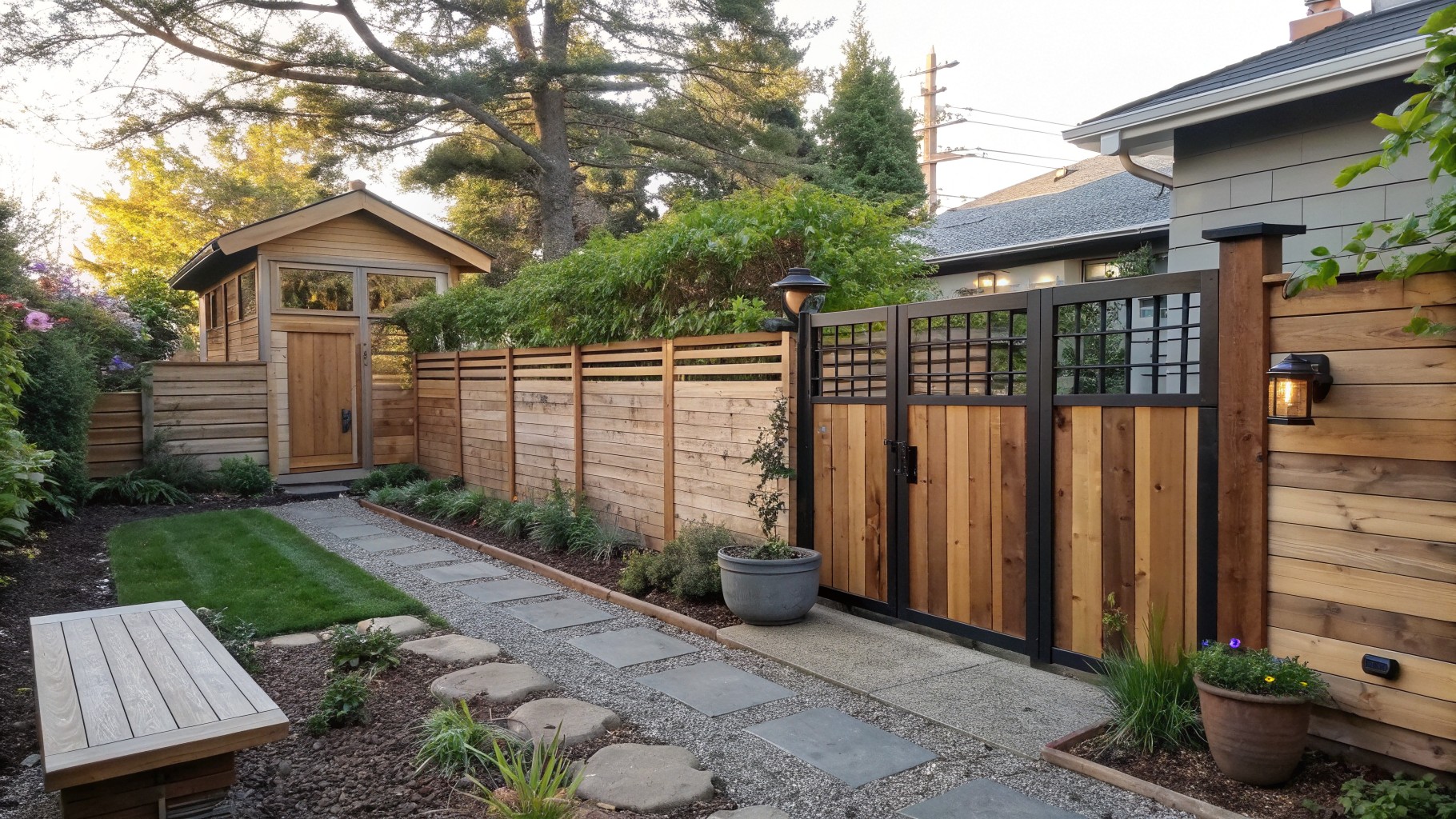 A garden path of concrete stepping stones on gravel runs alongside a tall wooden privacy fence with lattice detailing and a rustic wooden gate.