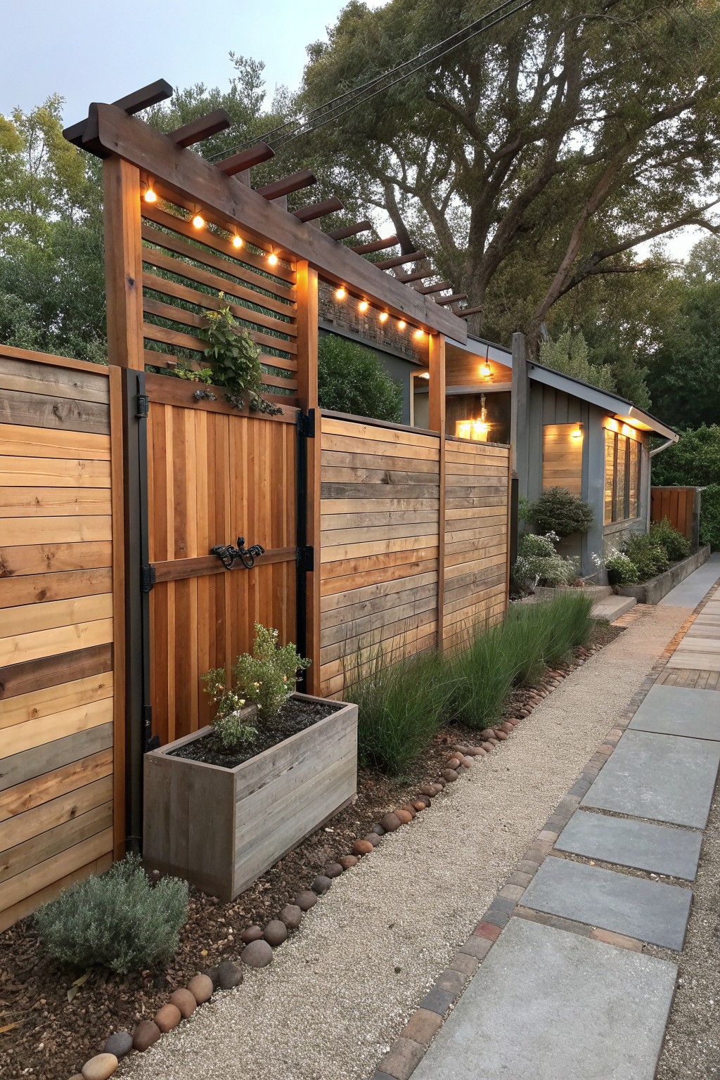 A rustic wooden privacy fence with horizontal lower boards and vertical upper slats runs beside a gravel path next to a house, with an overhead wood structure and string lights.