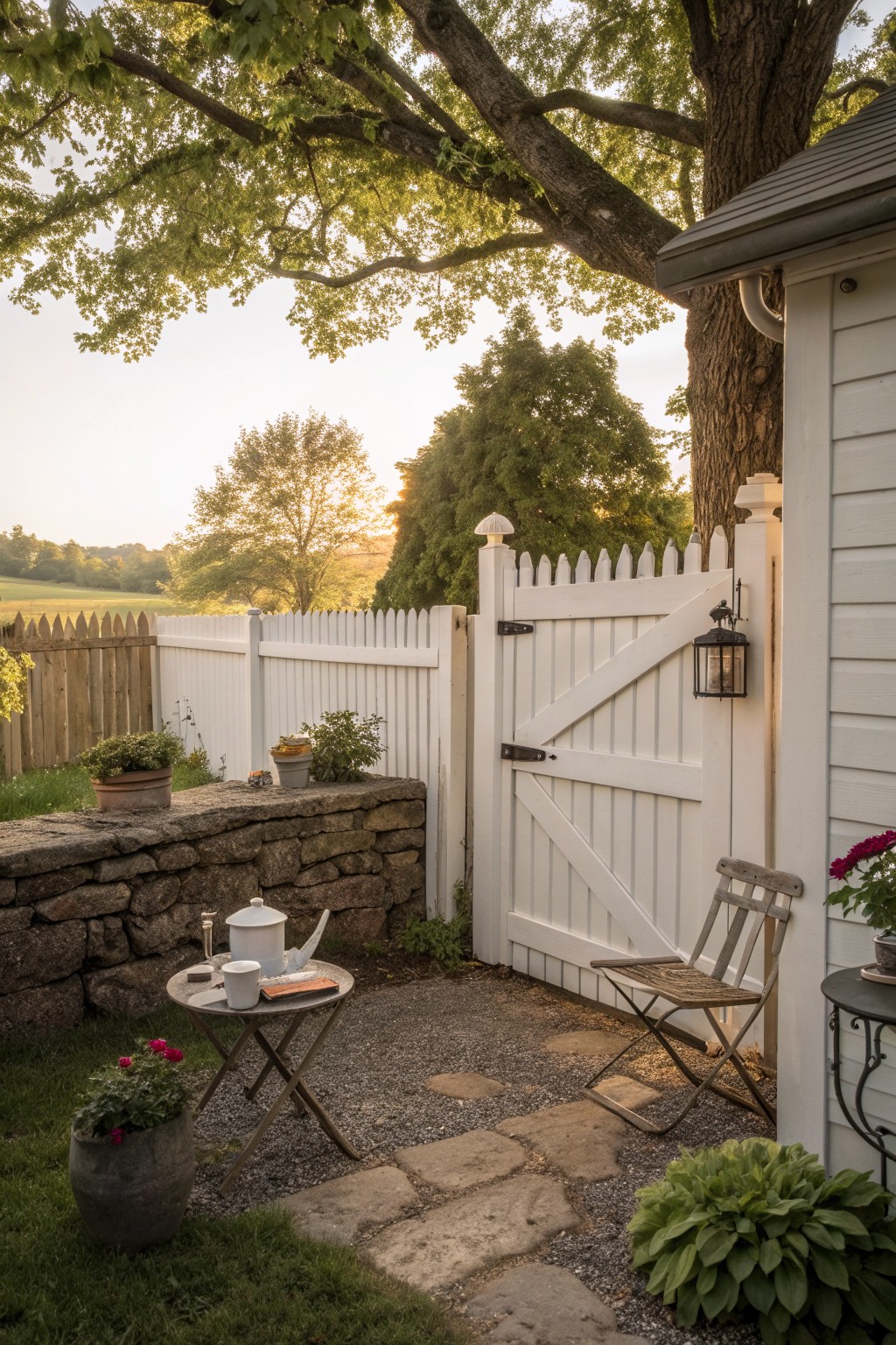 White picket gate by stone wall with table, chair, plants on gravel path