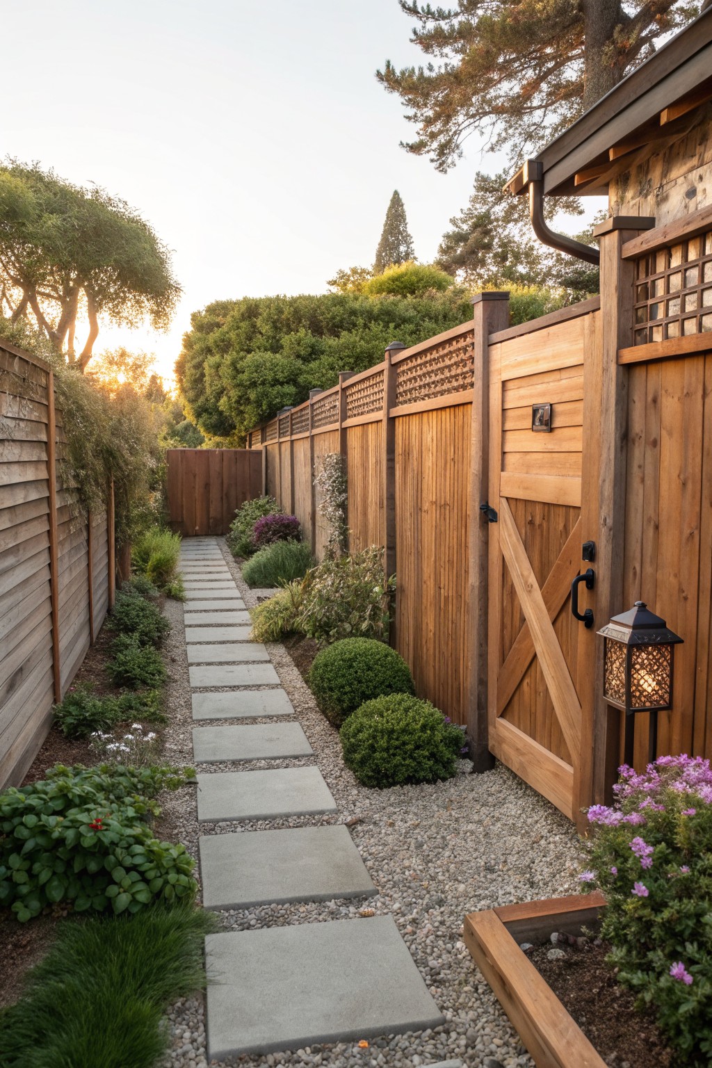 A garden path of concrete stepping stones on gravel runs alongside a tall wooden privacy fence with lattice detailing and a rustic wooden gate.
