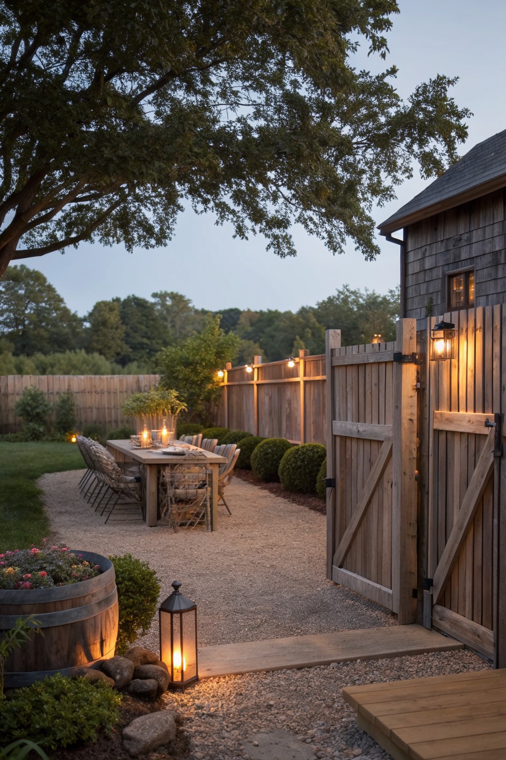 A gravel path leads past a lit lantern through an open wooden gate in a rustic fence toward an outdoor dining table beside a wooden shed at dusk.