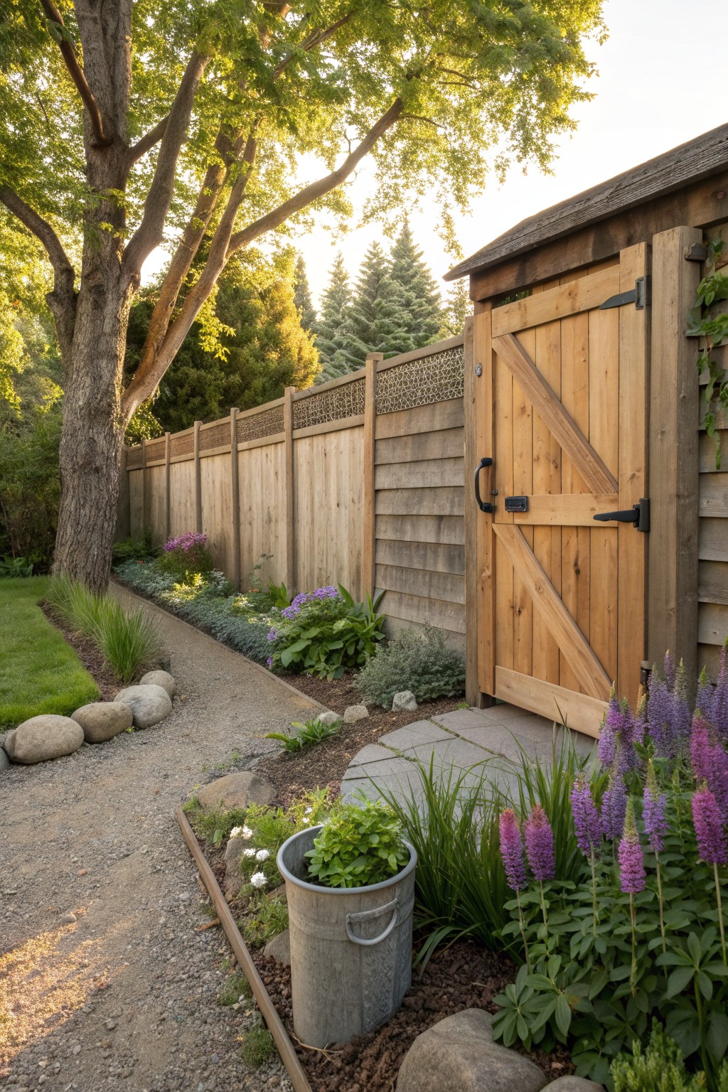 A wooden privacy fence with a rustic gate runs beside a gravel path bordered by rocks and flowering plants.