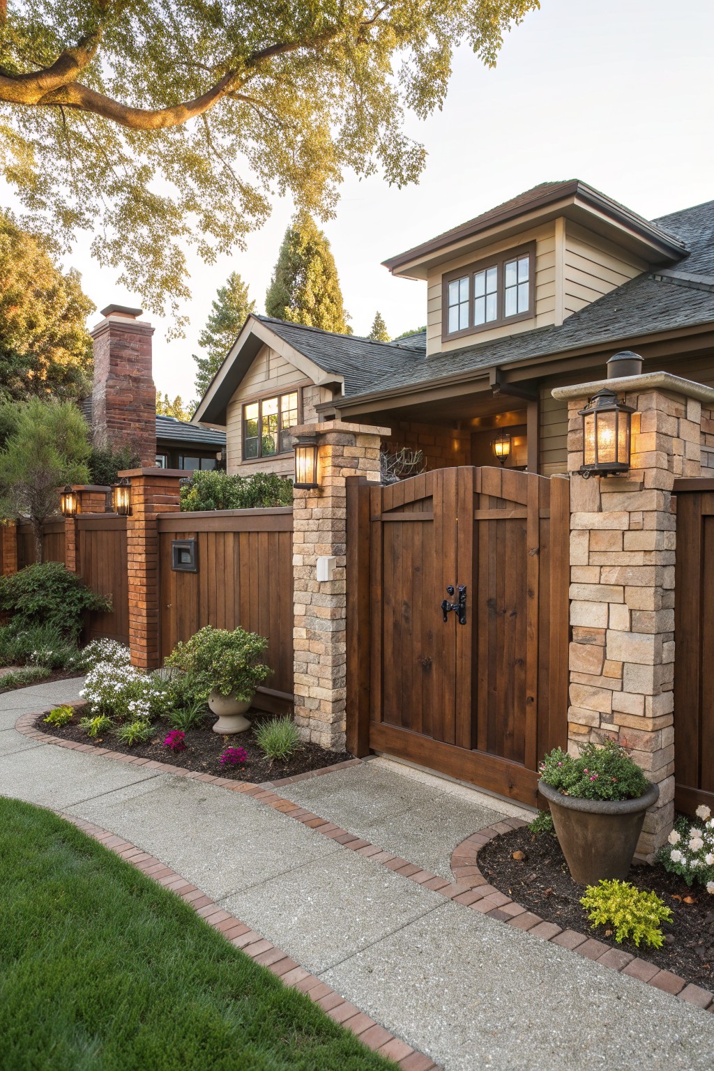 A wooden privacy gate between stone pillars at the front of a house, with lanterns mounted on the pillars and a paved path leading through.