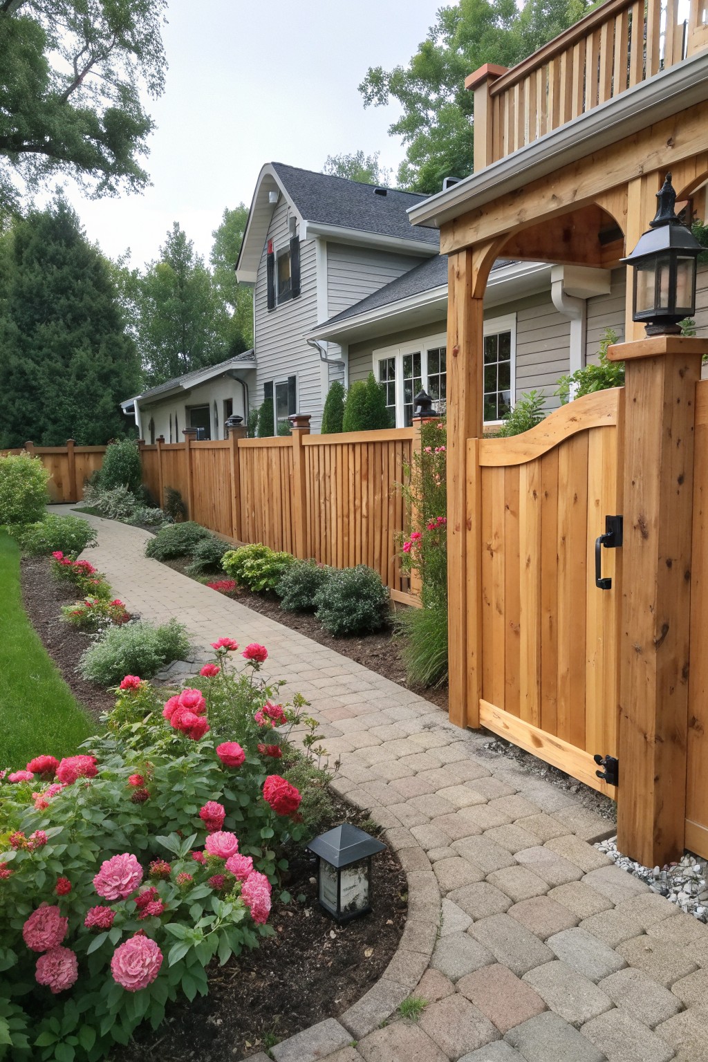 A rustic wooden privacy fence with an arched gate runs beside a paved path lined with pink rose bushes in front of a gray house.