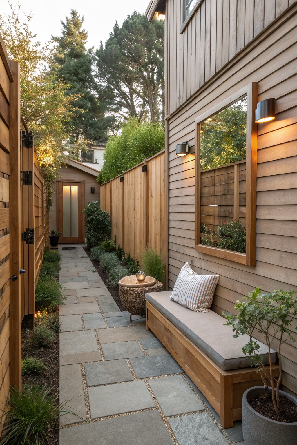 Narrow stone path with wooden bench, cushion, lights and plants beside house
