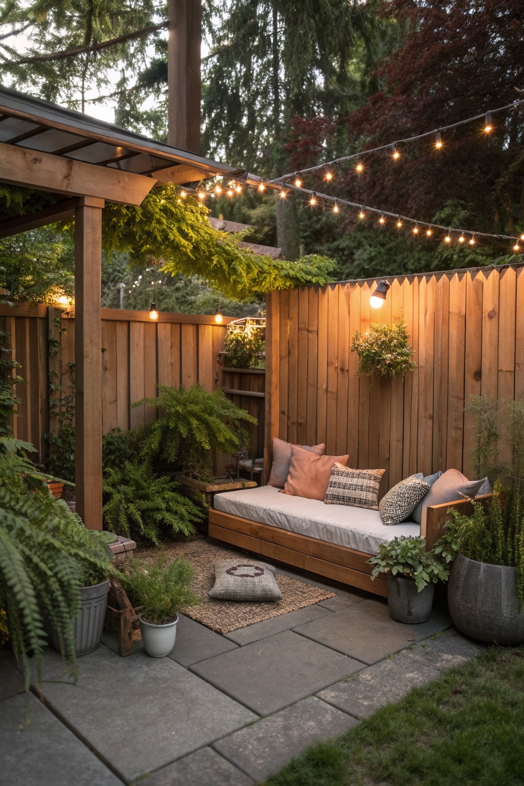 A wooden privacy fence with a built-in bench holding cushions, potted plants on either side, and string lights overhead in a backyard patio.
