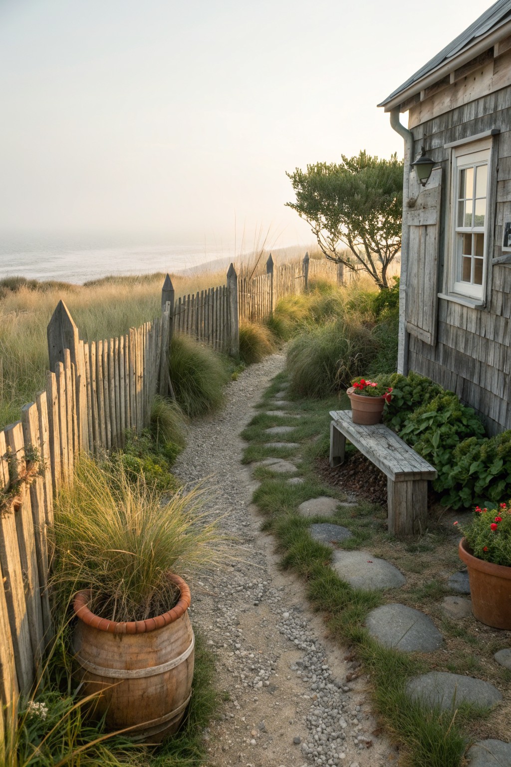 A gravel path runs beside a tall wooden fence next to a shingled house, with stepping stones and potted plants along the edge.