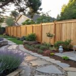 A backyard scene showing a tall wooden privacy fence with vertical boards, a curved stone pathway edged in gravel, layered shrubs and purple flowering plants, and a wooden bench set against the fence.