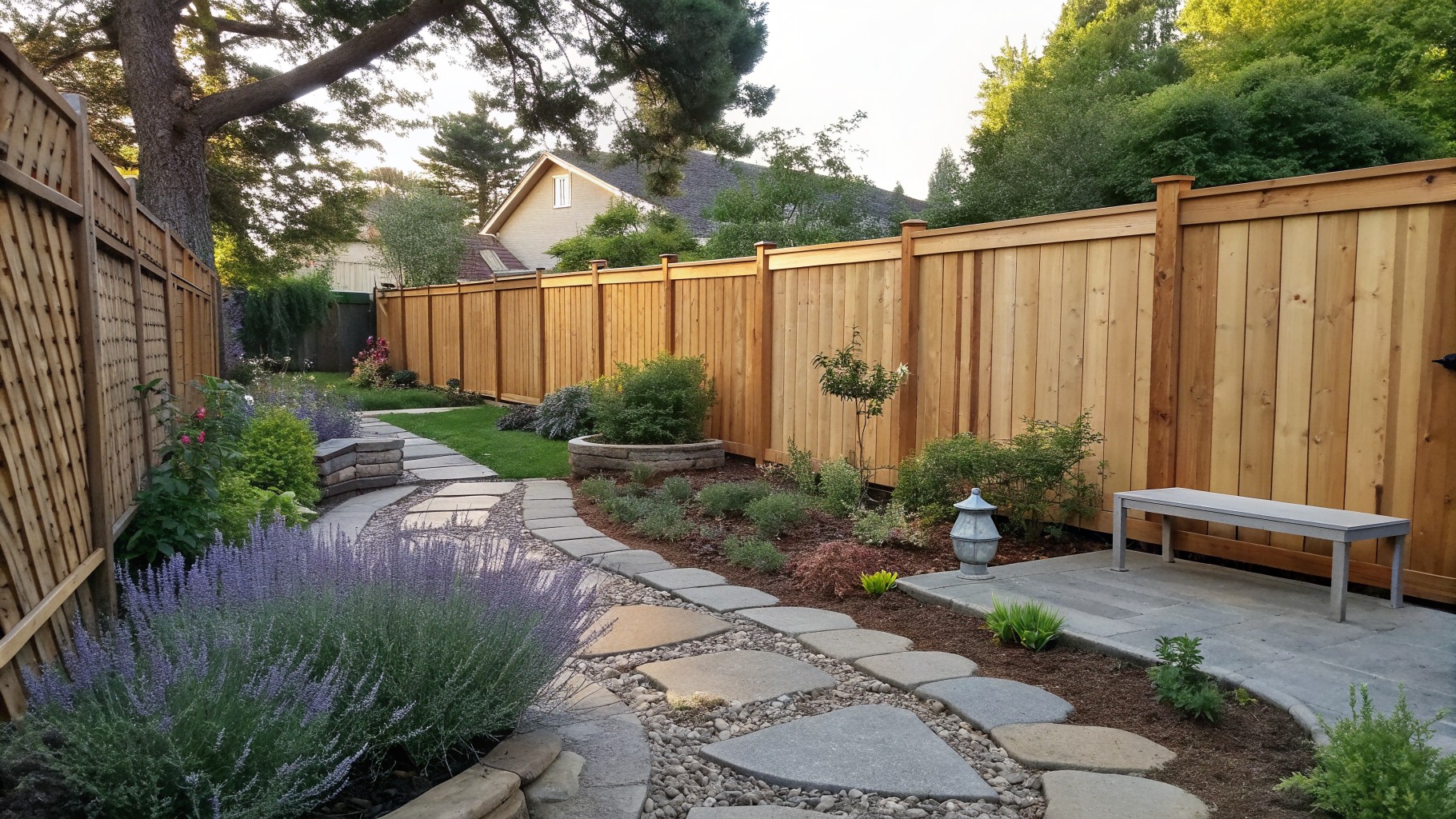 A backyard scene showing a tall wooden privacy fence with vertical boards, a curved stone pathway edged in gravel, layered shrubs and purple flowering plants, and a wooden bench set against the fence.