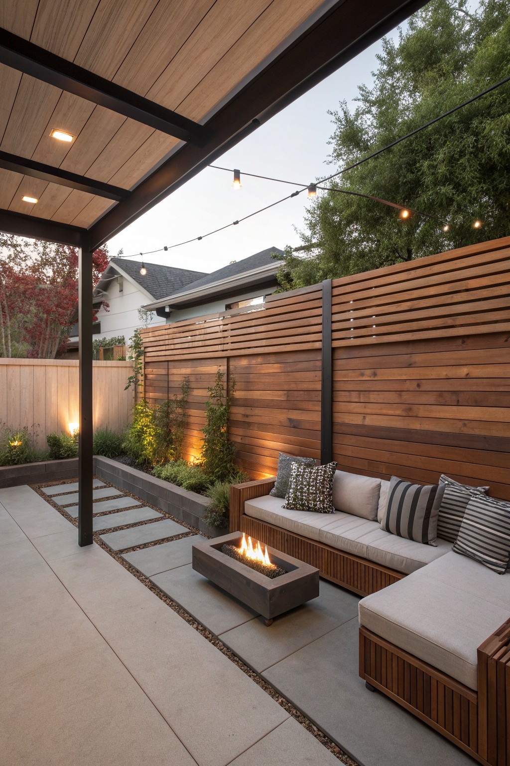A modern outdoor patio with a horizontal wood privacy fence, built-in seating with cushions, a rectangular fire pit, string lights, and a covered seating area.