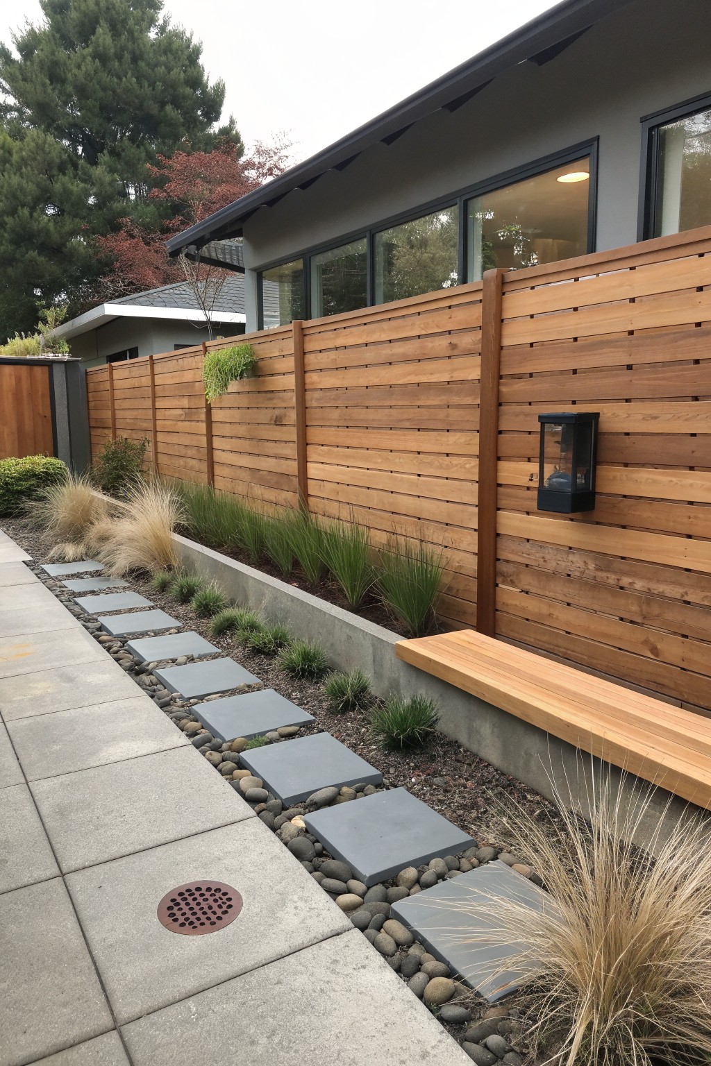Modern house exterior with a tall horizontal wood slat privacy fence, attached wooden bench, and concrete path with stepping stones next to a planting bed.