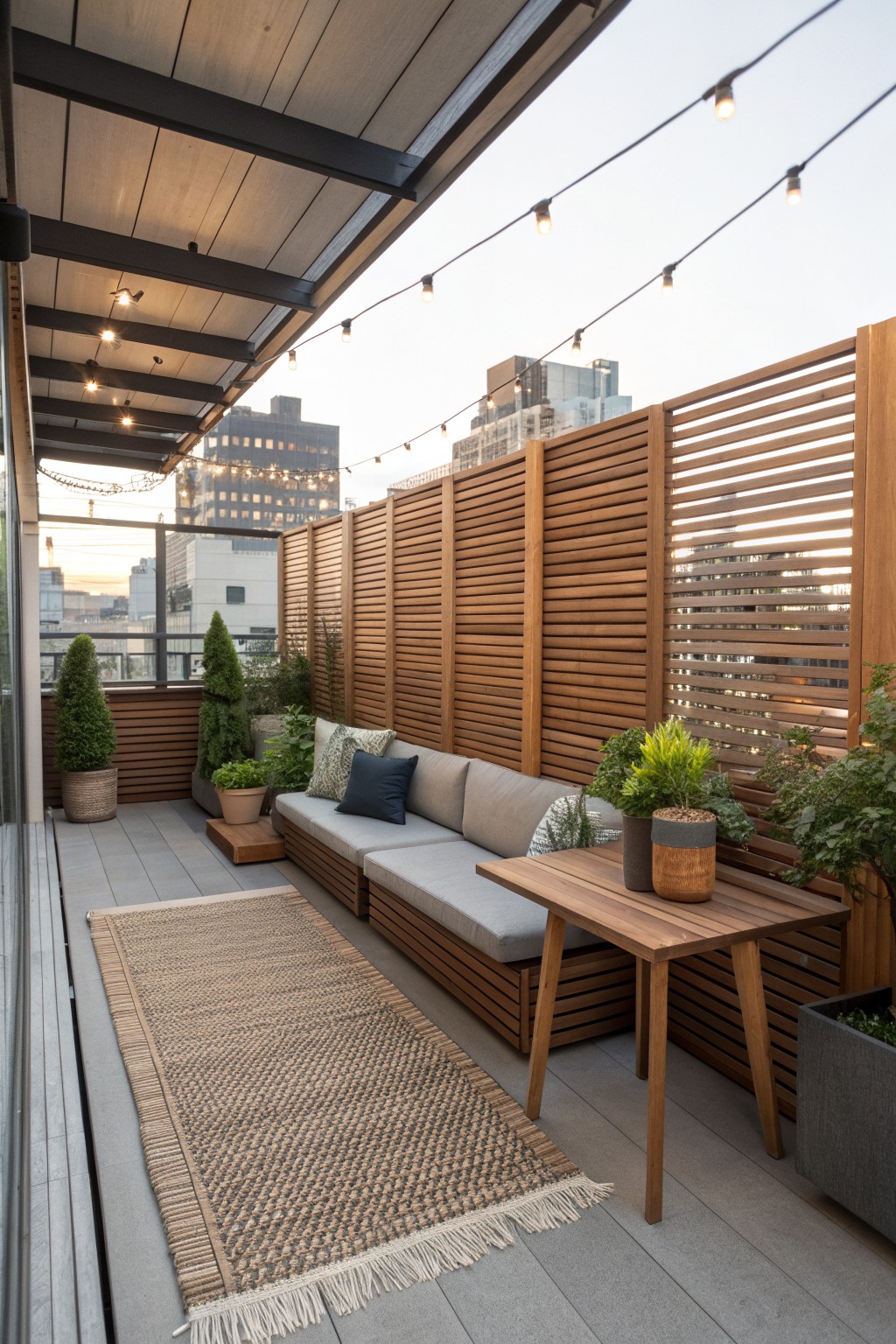 A rooftop terrace with a built-in wood bench, gray cushions, a wooden table, woven rug, potted plants, and horizontal wood slat privacy fencing under string lights.