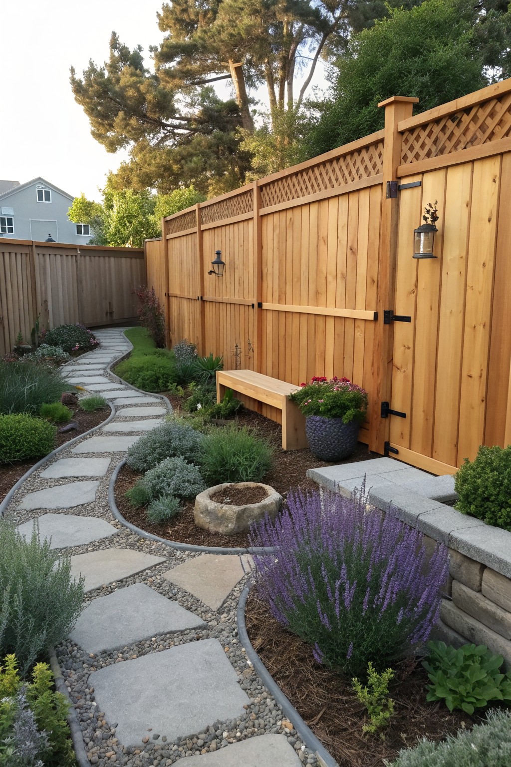 A backyard scene showing a tall wooden privacy fence with vertical boards, a curved stone pathway edged in gravel, layered shrubs and purple flowering plants, and a wooden bench set against the fence.