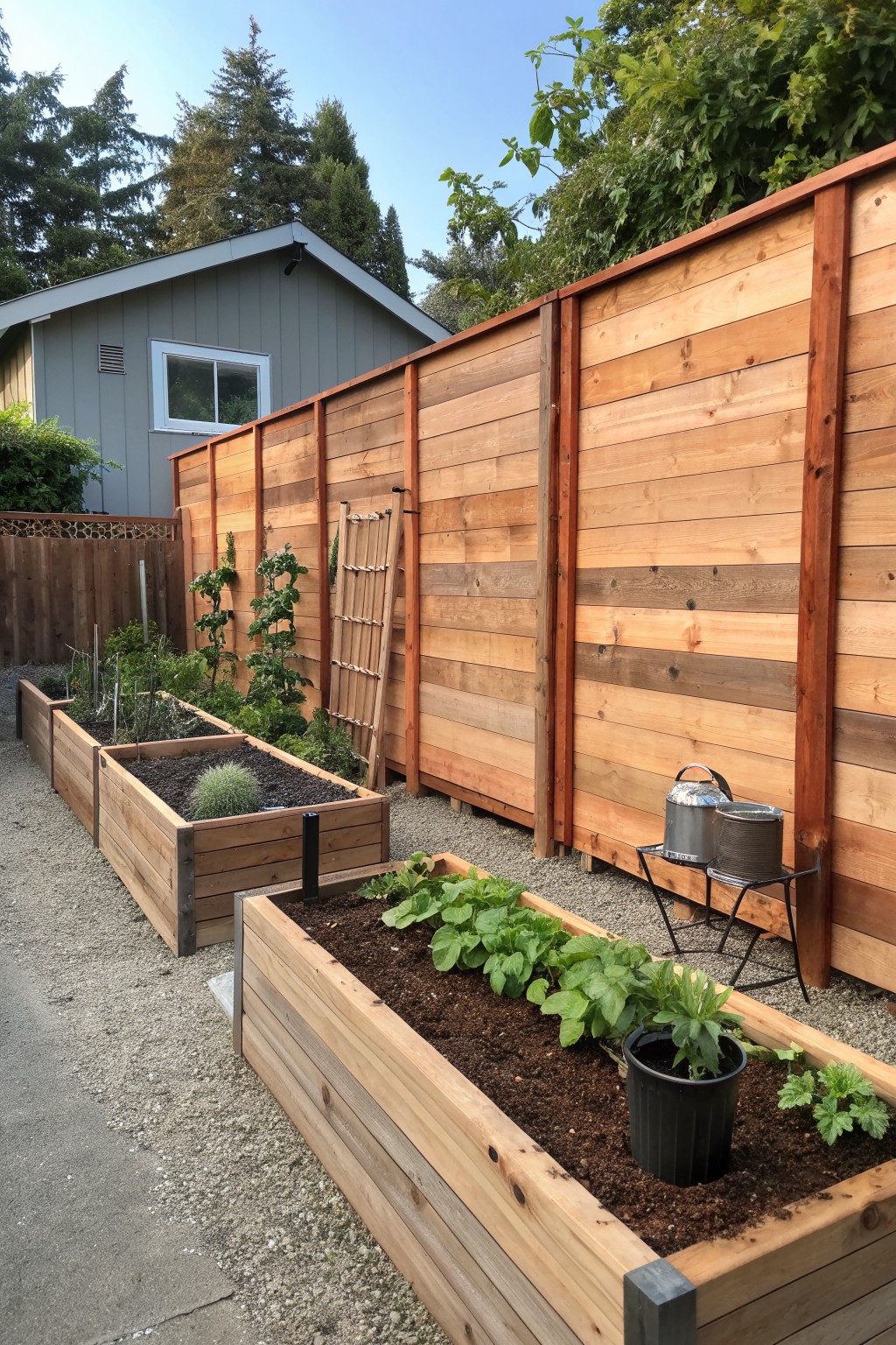 A row of wooden raised garden beds with plants and soil sits in front of a tall horizontal wood privacy fence beside a house.
