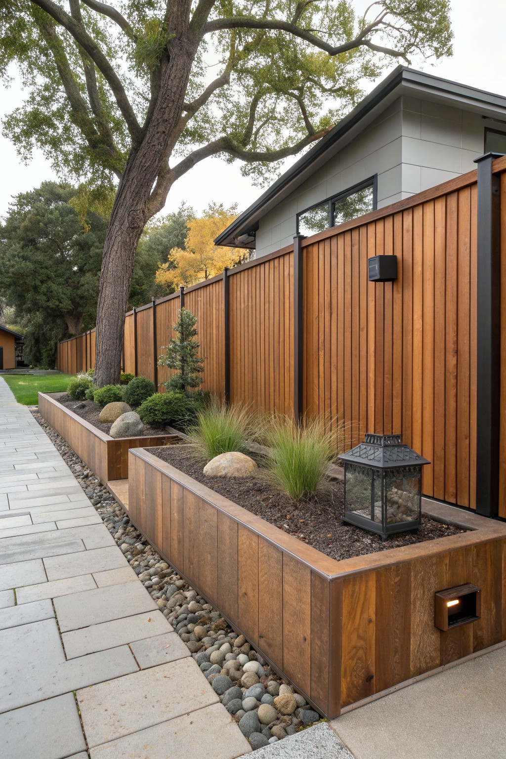 A modern house exterior with a tall vertical wood privacy fence and attached raised wooden planters containing grasses, shrubs, and rocks beside a stone path.