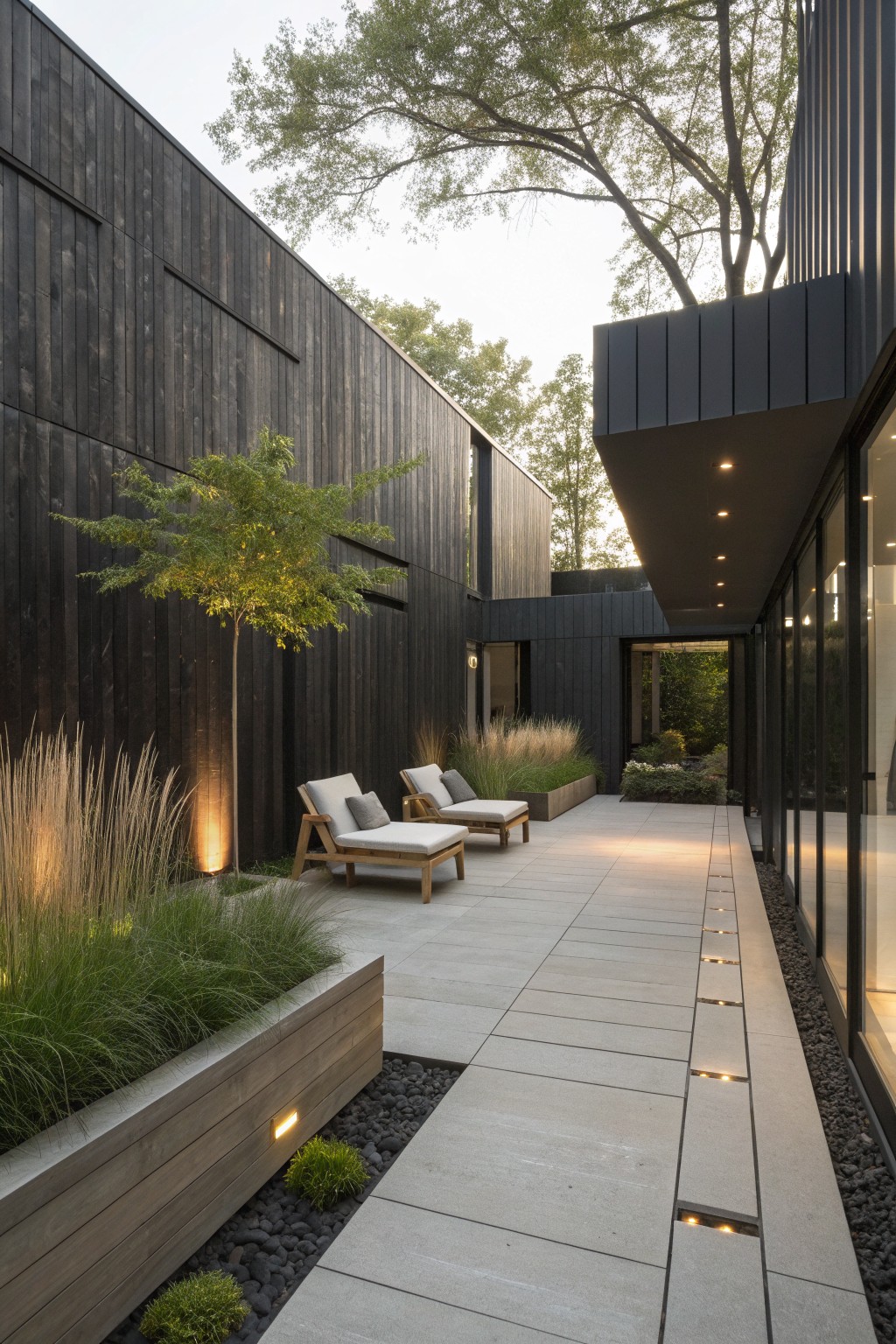 A modern outdoor patio bordered by a tall dark wood privacy fence, with two lounge chairs on light stone pavers and plantings along the base.