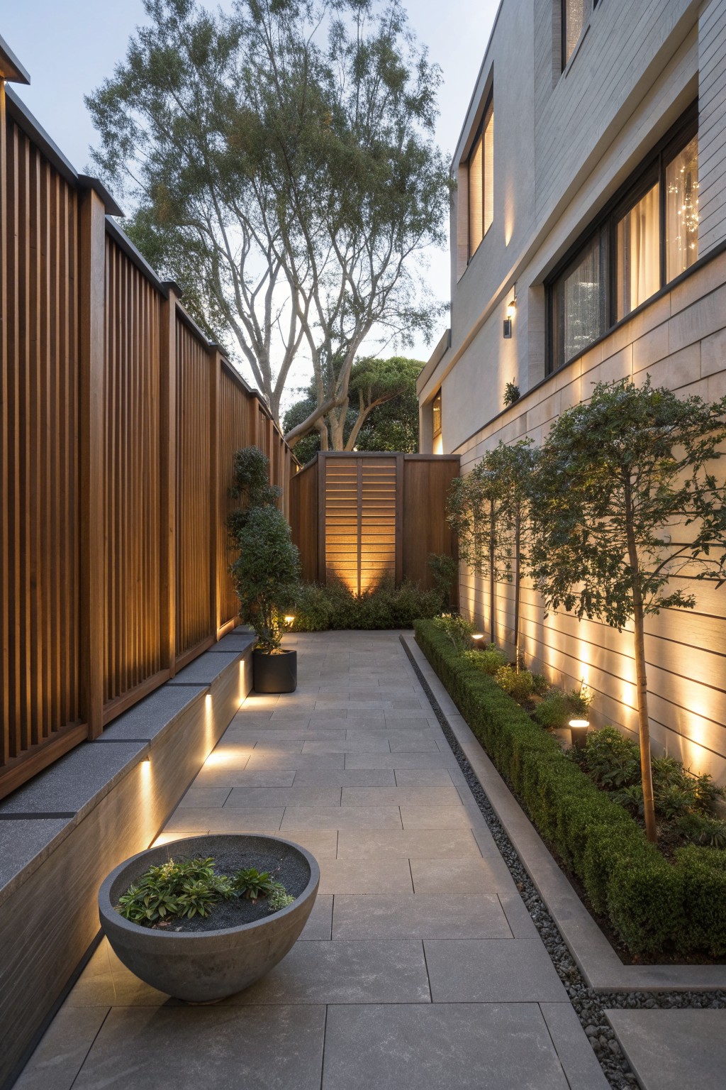 A narrow paved path runs between a tall vertical wood fence on the left and a light-colored house with trees and shrubs on the right.