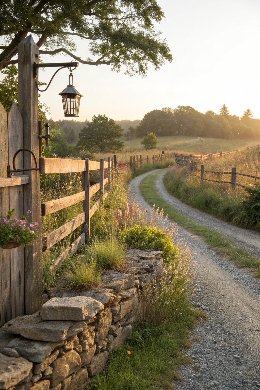 Wooden gate with lantern beside stone wall along winding gravel path at sunset