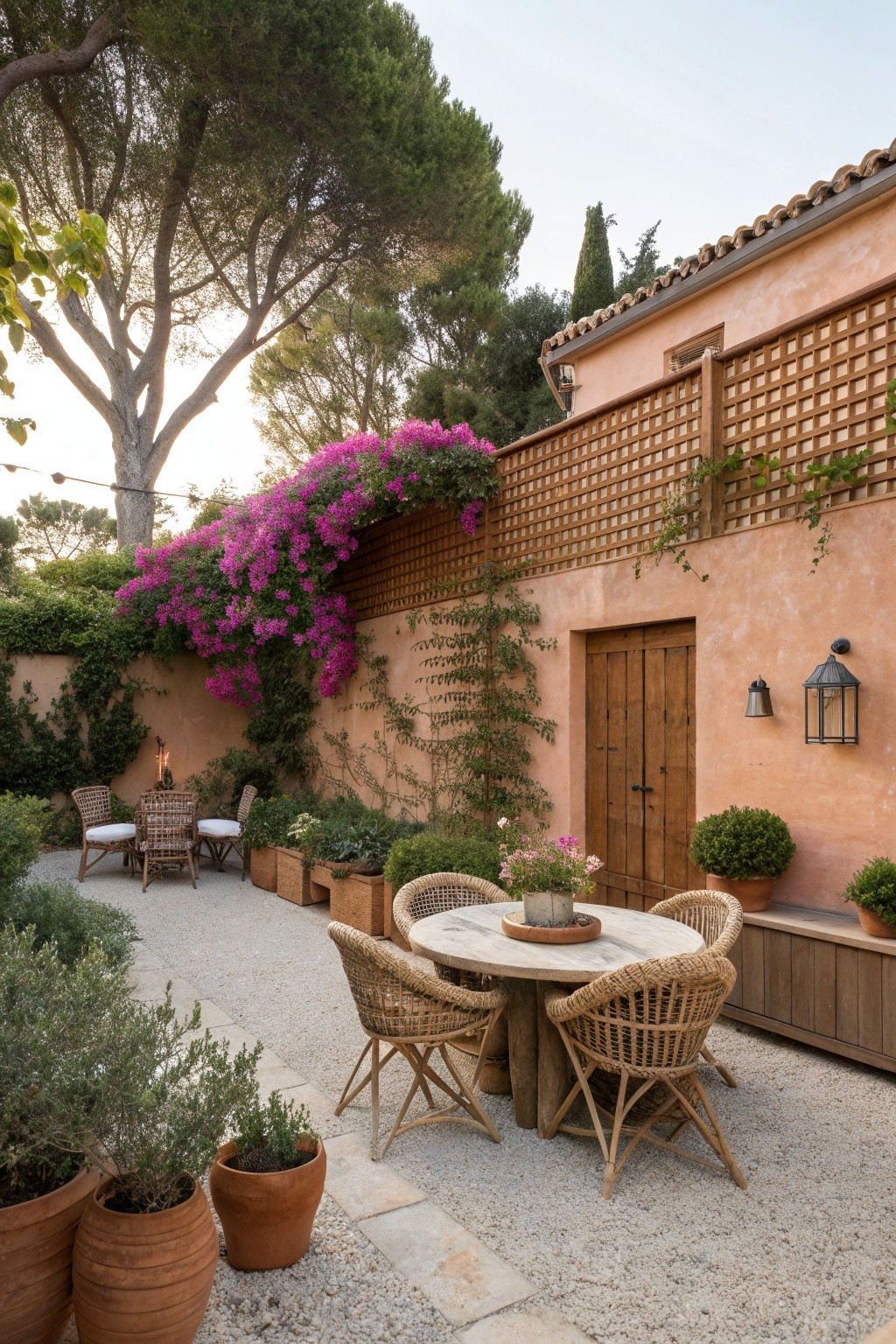 A gravel courtyard patio with wicker seating around a round table, enclosed by a peach stucco wall topped with wooden lattice fencing and climbing purple flowers.