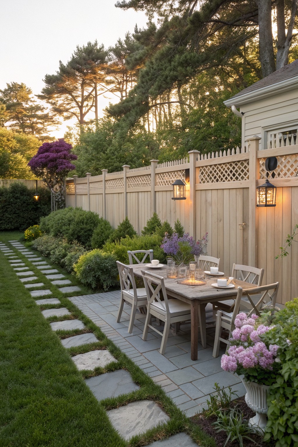 A light wood privacy fence encloses a stone patio with a wooden dining table, chairs, and lanterns, bordered by green shrubs and trees.