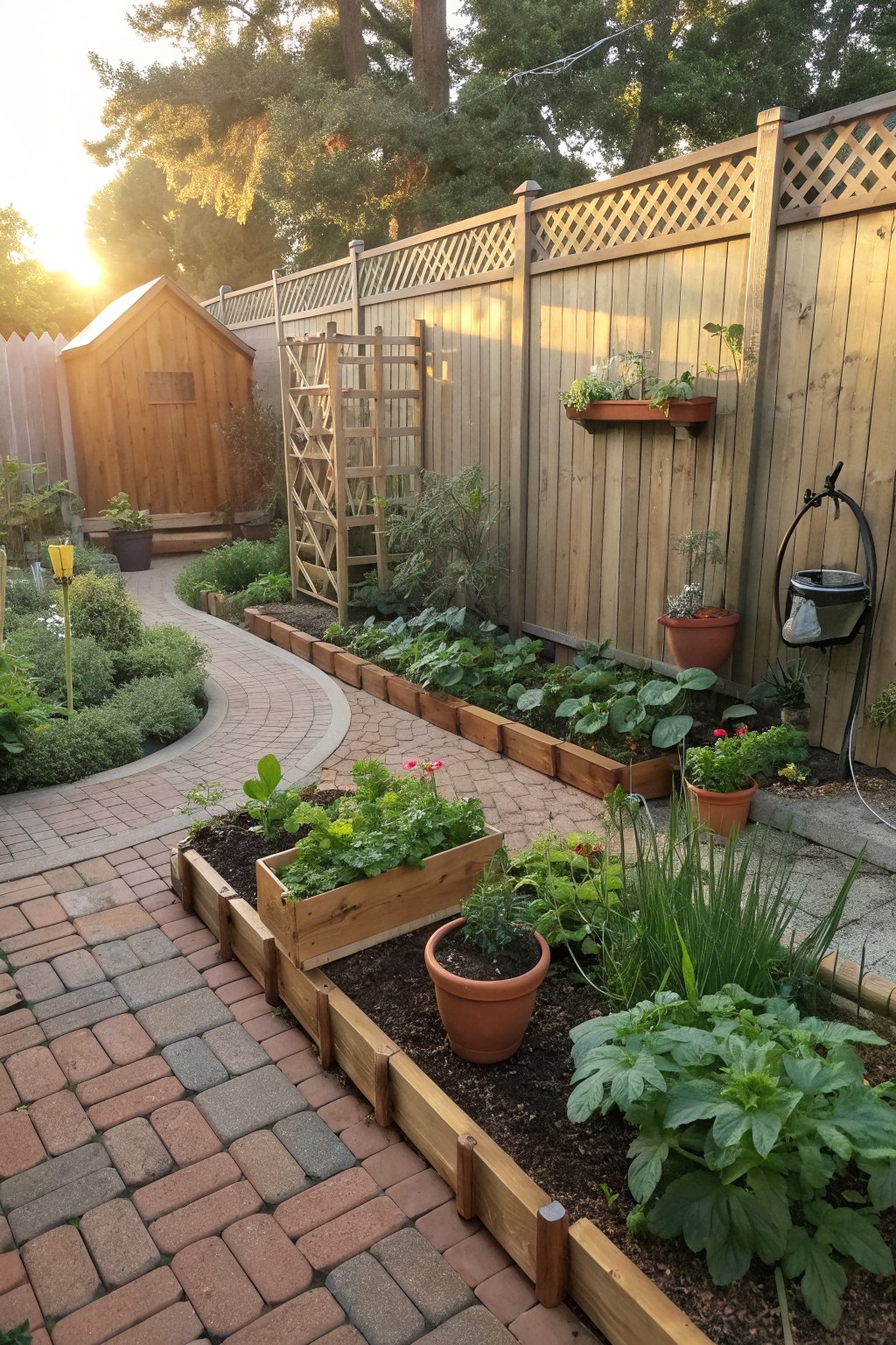A backyard garden with raised wooden beds, brick pathways, potted plants, and a tall wooden privacy fence with lattice top along the rear.