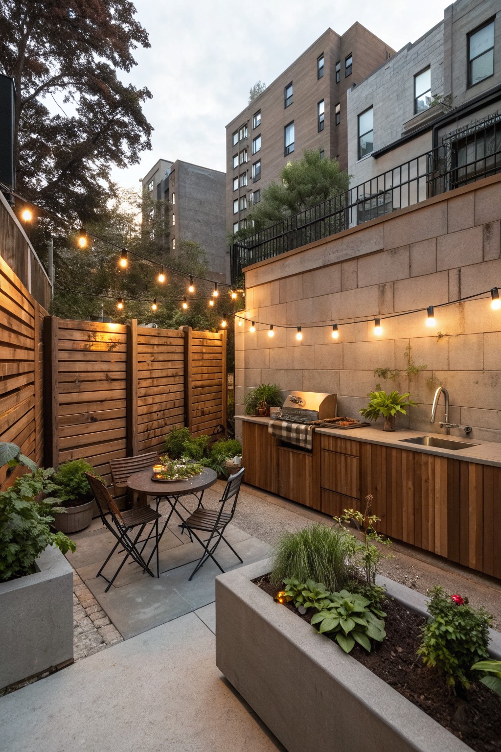 An outdoor patio enclosed by a tall horizontal wood privacy fence, with a dining table, chairs, built-in grill, sink, string lights, and concrete planters with greenery.