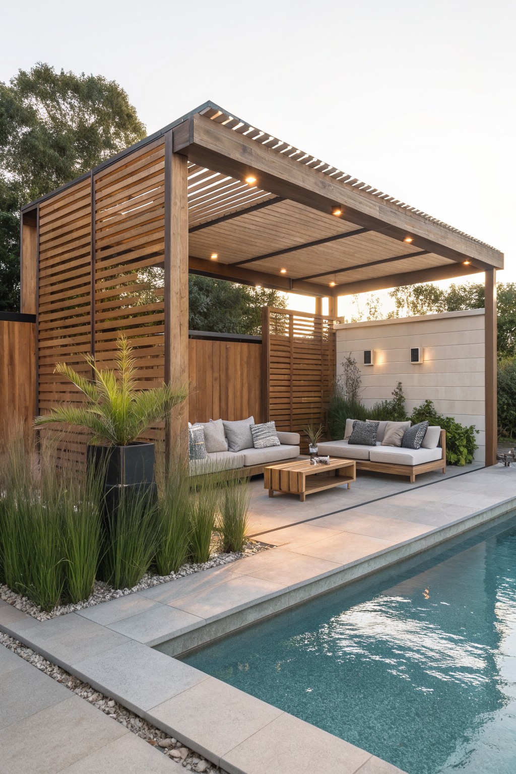Wooden slat privacy screens surround a patio with seating next to a pool.