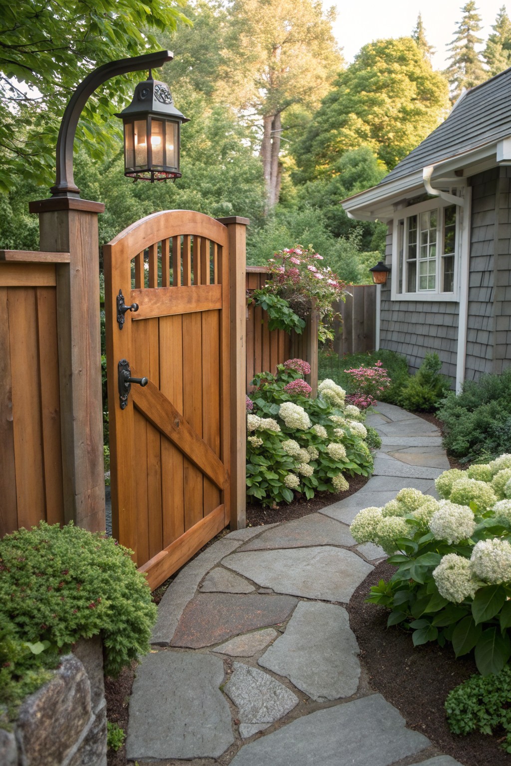 A wooden gate stands open along a stone pathway bordered by white flowers and shrubs, with a lantern mounted on a post above the fence.