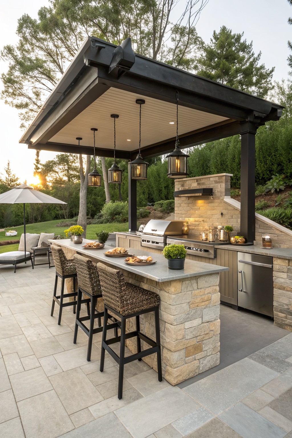 An outdoor kitchen under a dark covered structure features a stone bar counter with four woven bar stools, a built-in grill, and hanging lanterns.