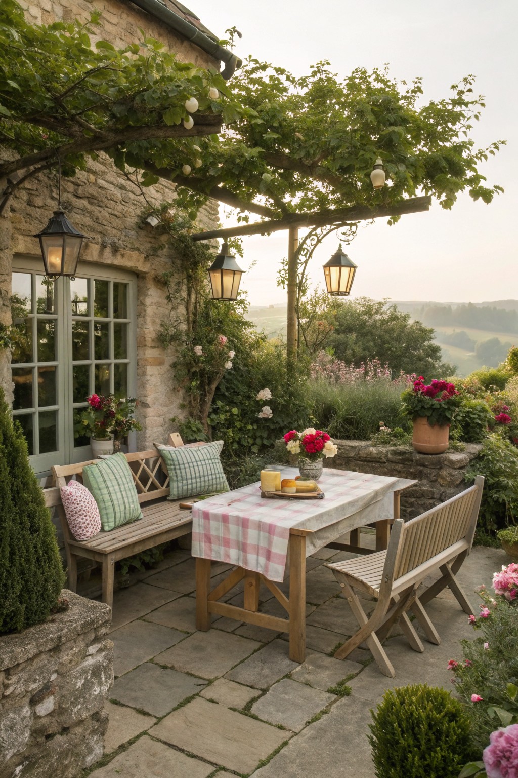 A stone house patio features a wooden dining table with a pink checkered cloth, a cushioned bench against the wall, a folding bench opposite, and a vine-covered pergola with hanging lanterns.