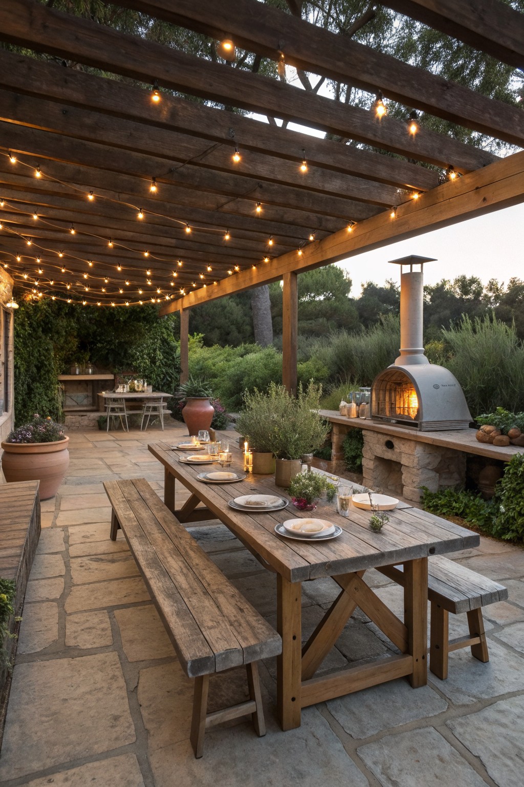 A long wooden dining table with benches sits under a pergola with string lights beside a stone outdoor kitchen with a pizza oven on a stone patio.