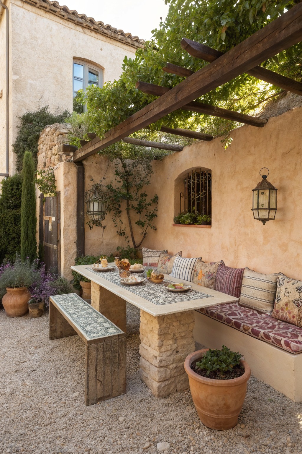 An outdoor dining setup with a long stone table, one wooden bench, and a cushioned built-in bench against a stucco wall under a wooden pergola.