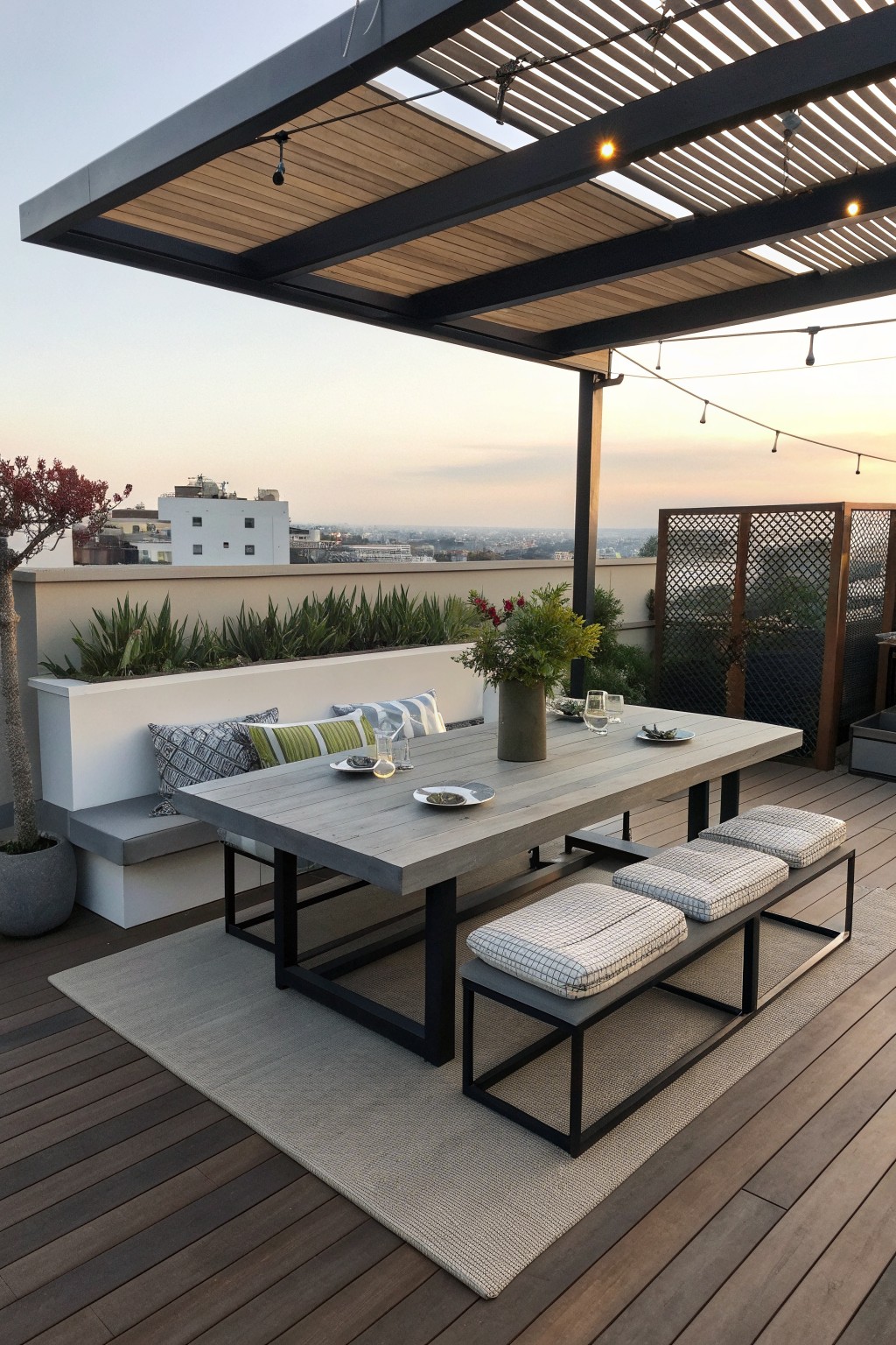 A rooftop terrace dining area with a long wooden table, cushioned benches, and built-in seating under a slatted pergola at sunset.