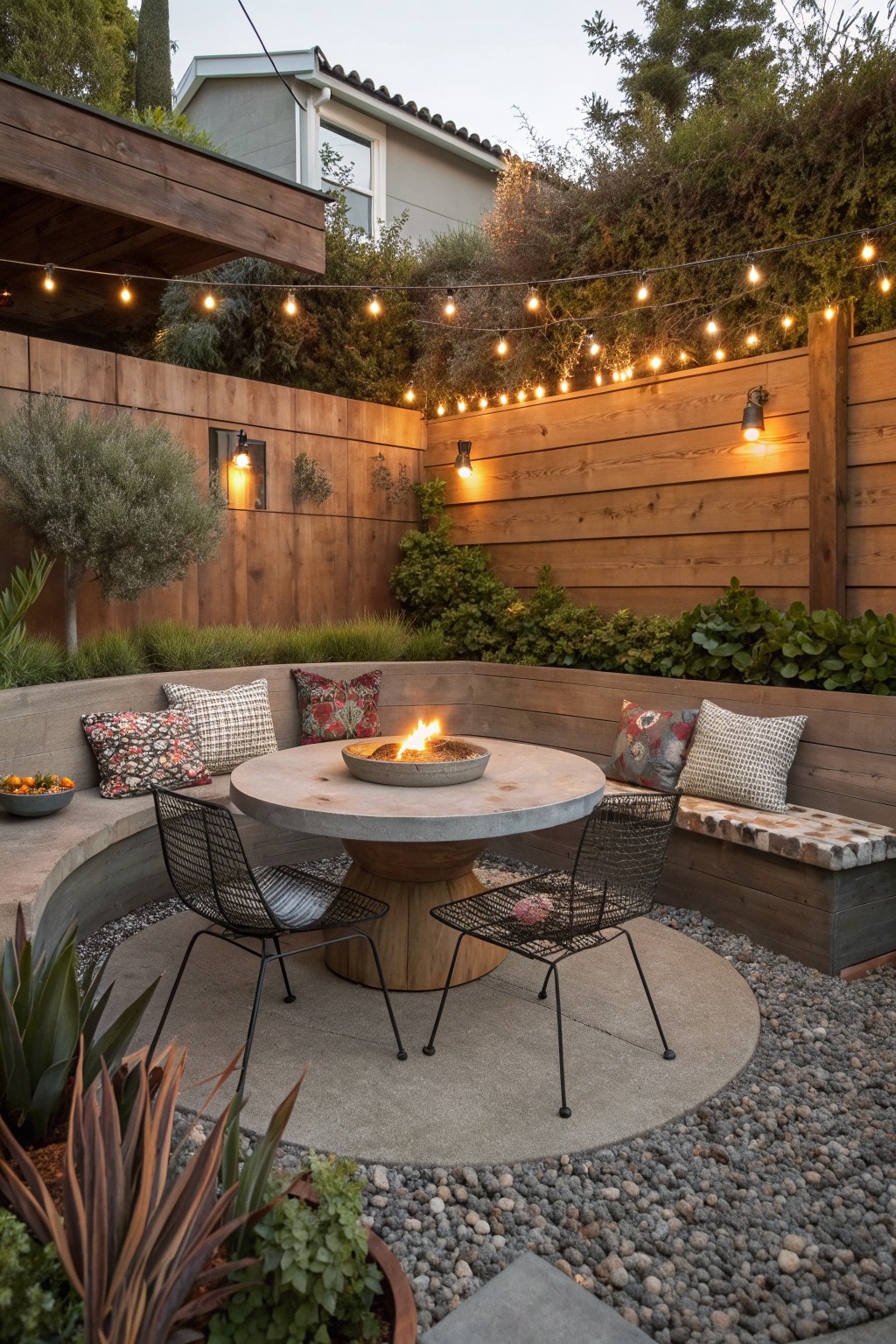 A backyard patio featuring a round concrete fire pit centered within a curved built-in wooden bench with cushions, two black wire chairs, and string lights overhead.