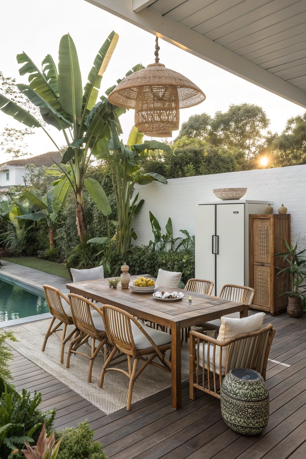 A long wooden dining table with woven chairs arranged on a light-colored rug sits on a dark wood deck beside a pool, with tropical plants and a large woven pendant light overhead.