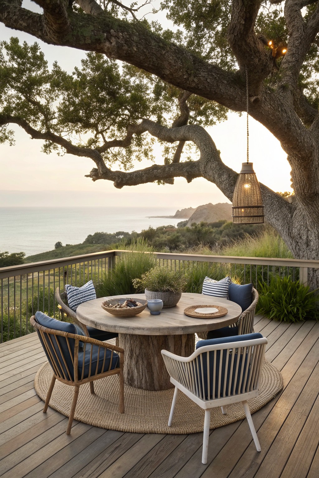 A round wooden dining table with four cushioned chairs arranged on a circular rug sits on a wooden deck beneath a large overhanging tree with a woven pendant light, overlooking the ocean at dusk.