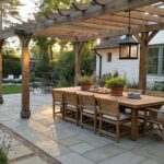A long wooden dining table with eight woven chairs sits under a slatted wooden pergola on a stone patio with a large woven rug.