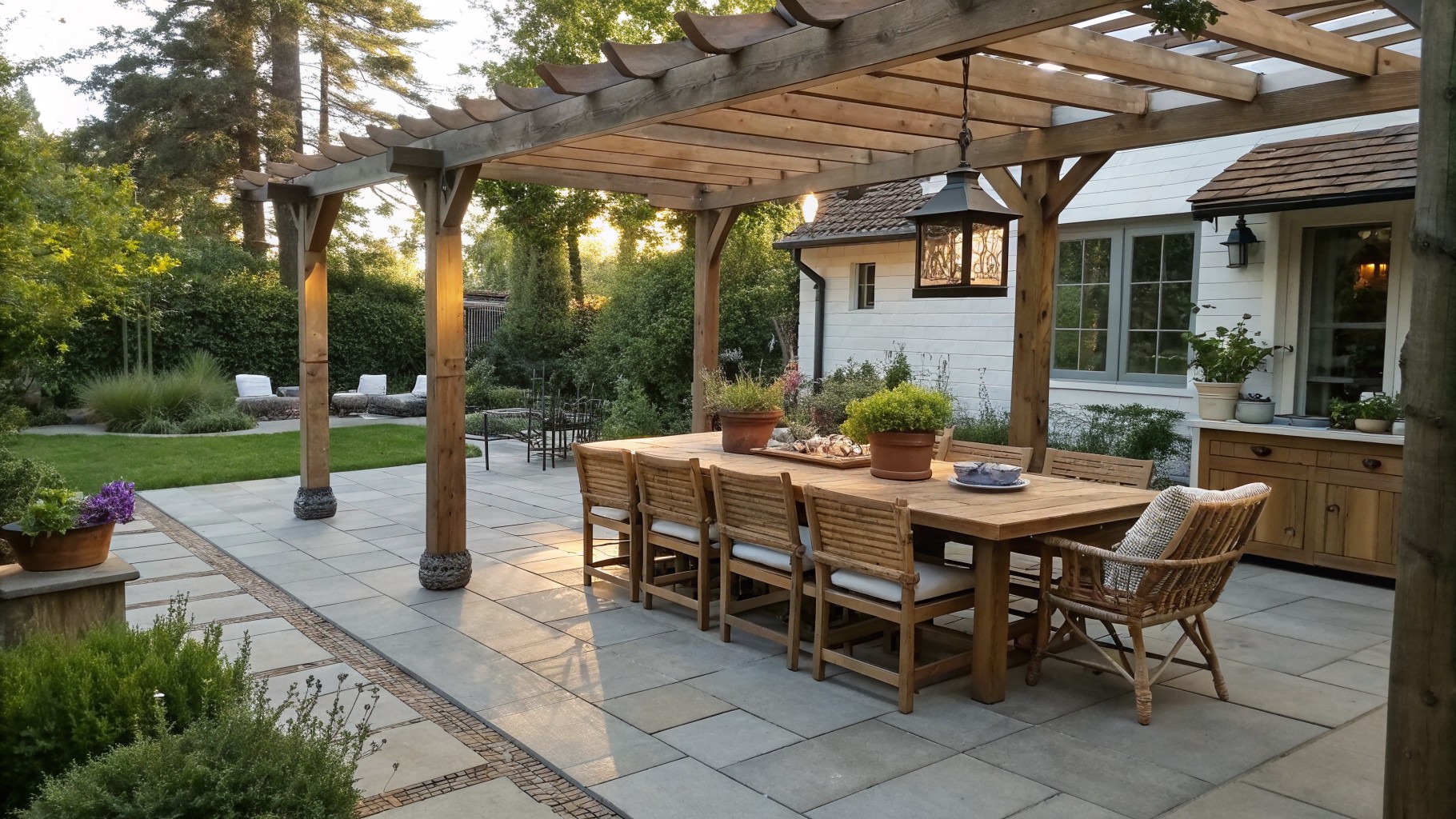 A long wooden dining table with eight woven chairs sits under a slatted wooden pergola on a stone patio with a large woven rug.