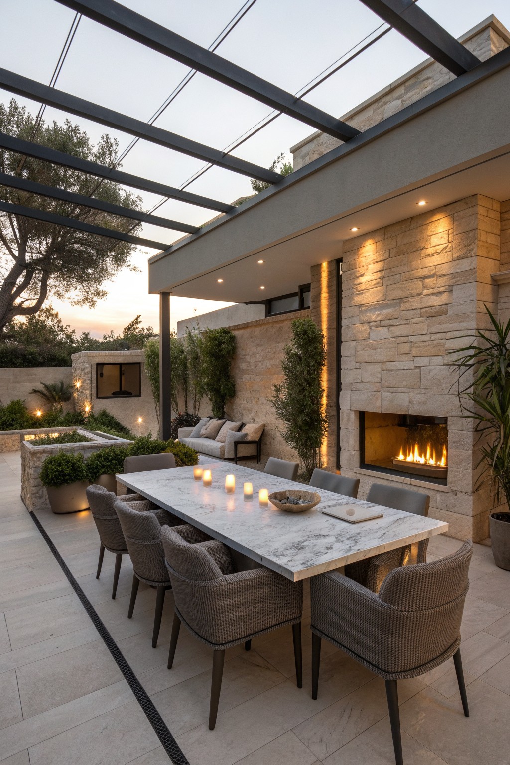 A long marble dining table surrounded by eight gray woven chairs on a stone patio, positioned next to a lit fireplace built into a stone wall under a glass-roofed pergola.