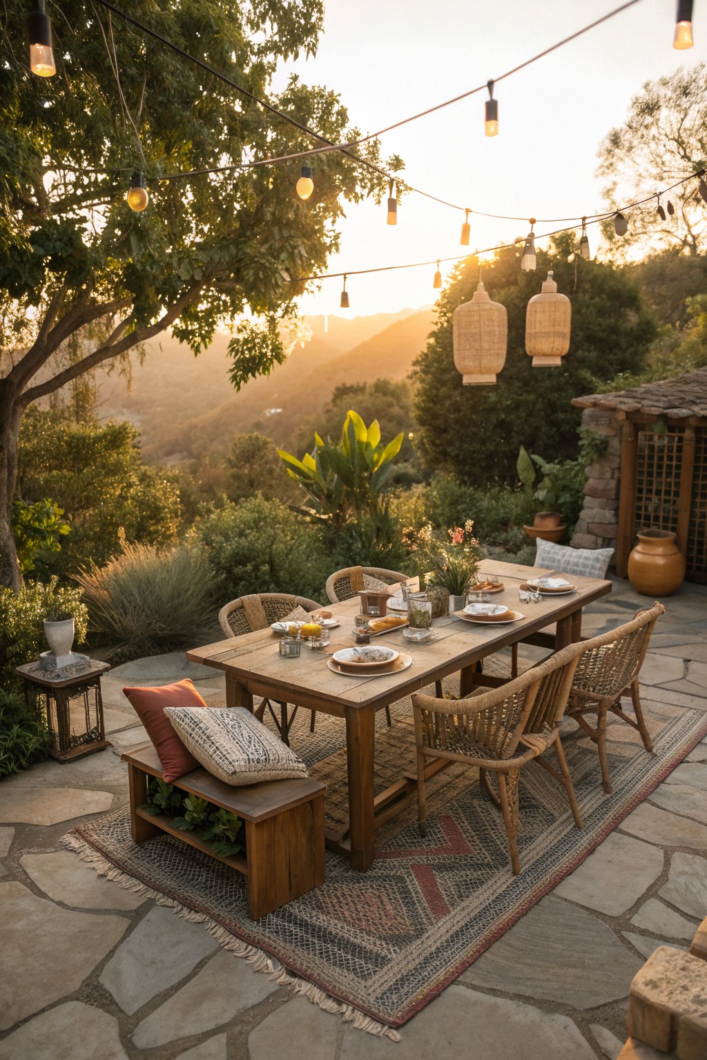 A long wooden dining table on a patterned outdoor rug, with a cushioned bench on one side and woven chairs around it, set under string lights with lanterns overhead.