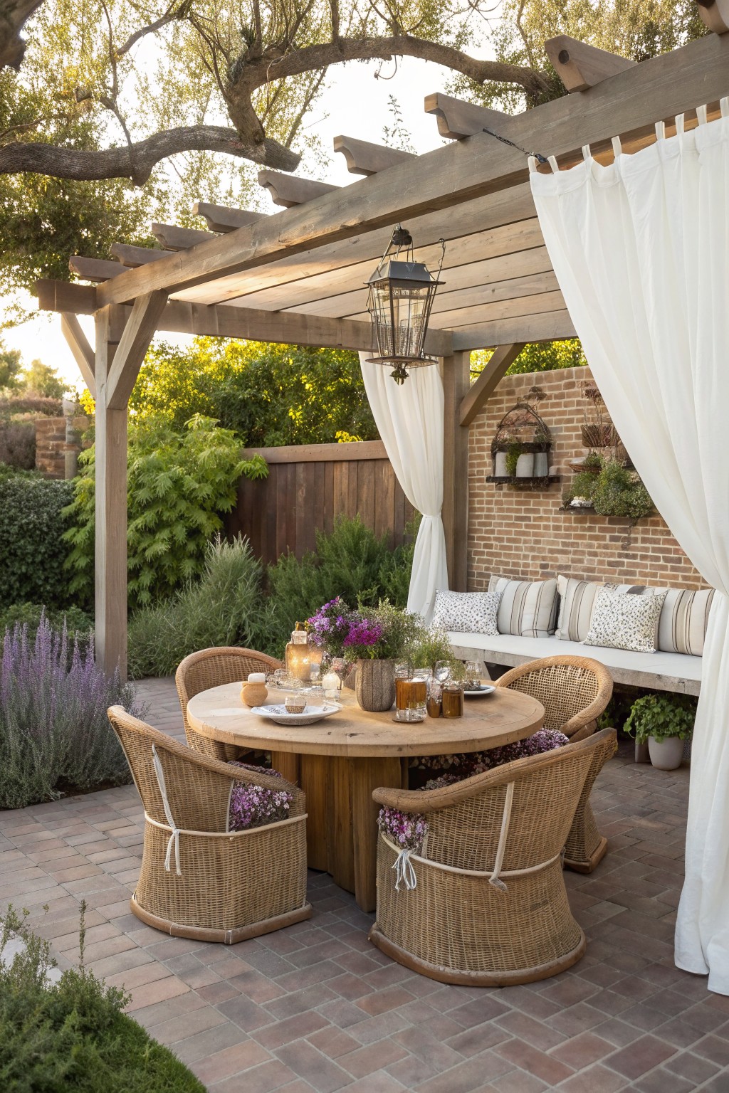 A round wooden table with four wicker chairs and a long cushioned bench sits under a wooden pergola on a brick patio.