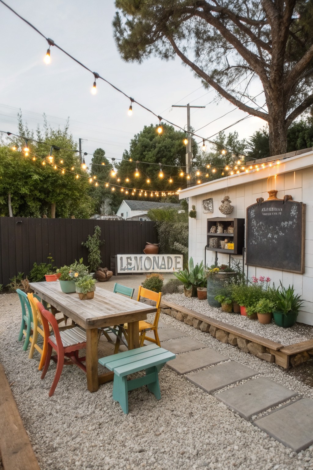 Outdoor table with colorful chairs, string lights, lemonade sign and chalkboard.