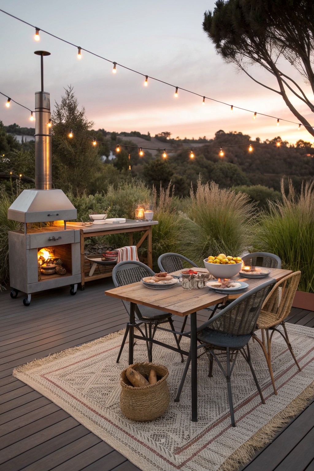 An outdoor wooden dining table surrounded by mixed woven and metal chairs sits on a patterned rug next to a lit pizza oven on a deck with string lights.